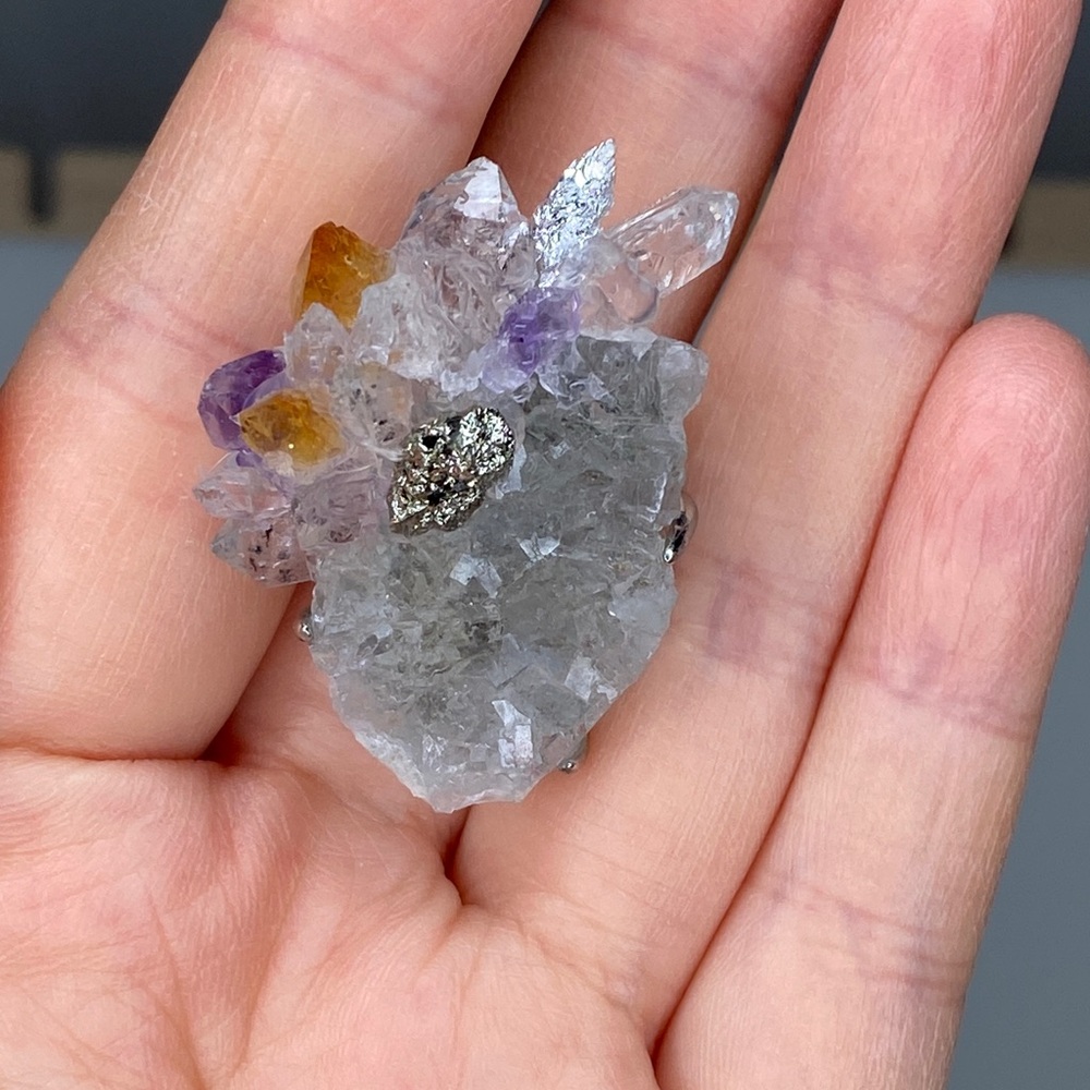 Natural Amethyst & Citrine Crystal Cluster Ring • Raw Pyrite Accent • Herkimer - Picture 5 of 11